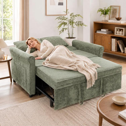 2 Seater Sofa Bed 3-in-1 Convertible Chenille Pull Out Sleeper Sofa with 5-Position Adjustable Backrest, Light Green