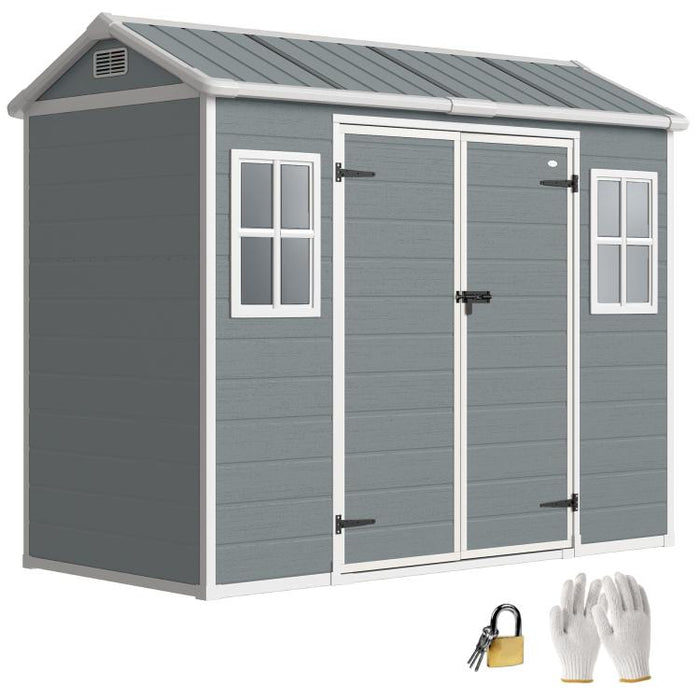 8 x 4 ft Plastic Garden Shed, Wood-Effect Outdoor Storage Shed with Floor, Windows, Lockable Doors and Vents, Light Grey