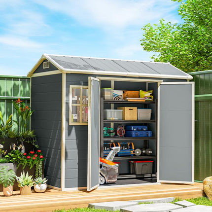 8 x 4 ft Plastic Garden Shed, Wood-Effect Outdoor Storage Shed with Floor, Windows, Lockable Doors and Vents, Light Grey