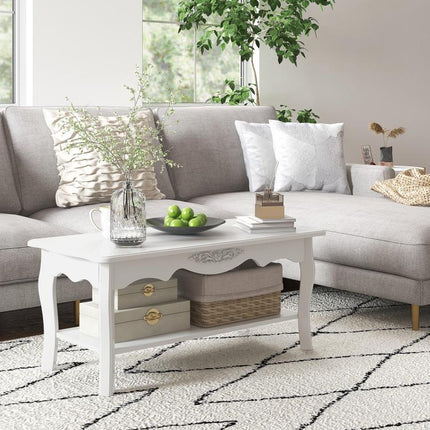 White Coffee Table Wood Cocktail Tea Centre Table with Storage Shelf for Living Room Reception Room, 94L x 44W x 42H cm