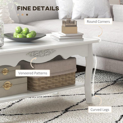 White Coffee Table Wood Cocktail Tea Centre Table with Storage Shelf for Living Room Reception Room, 94L x 44W x 42H cm