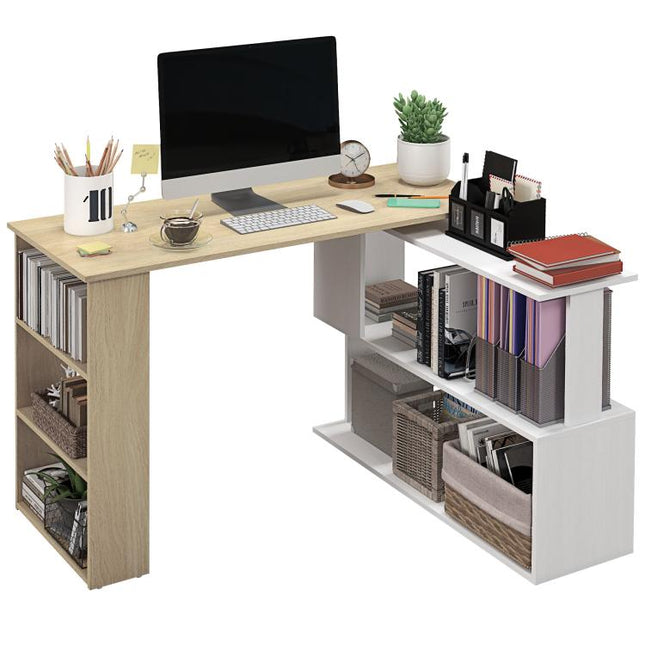 Corner Computer Desk, L Shaped Desk with 360 Degrees Rotating Bookshelf, 120L x 110W x 74.5H cm, Natural and White