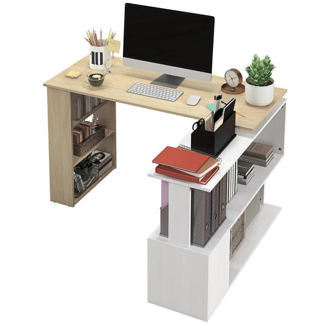 Corner Computer Desk, L Shaped Desk with 360 Degrees Rotating Bookshelf, 120L x 110W x 74.5H cm, Natural and White