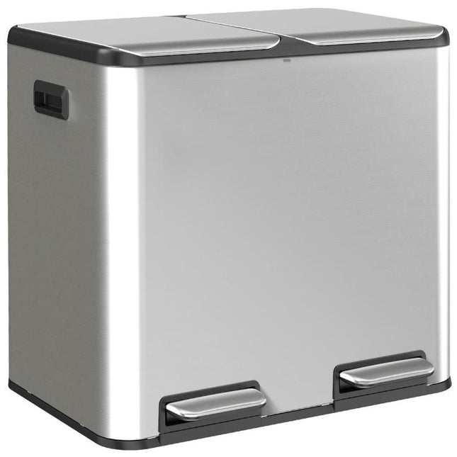 2 x 20L Double Kitchen Bin, Stainless Steel Pedal Rubbish Bin with Dual Compartments, Soft Close Lids, Silver Tone