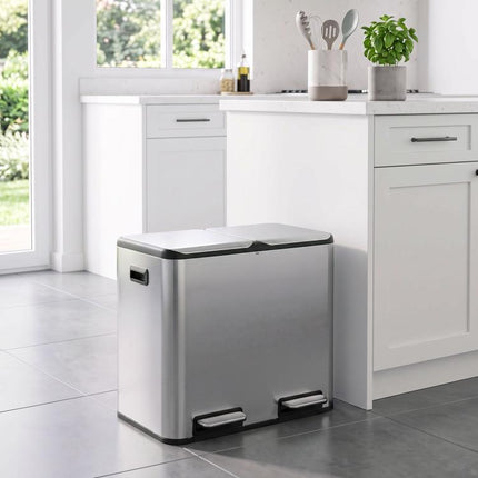 2 x 20L Double Kitchen Bin, Stainless Steel Pedal Rubbish Bin with Dual Compartments, Soft Close Lids, Silver Tone