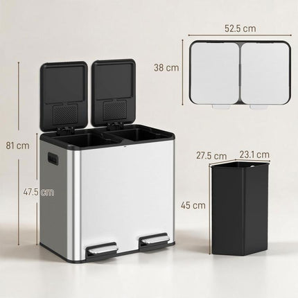 2 x 20L Double Kitchen Bin, Stainless Steel Pedal Rubbish Bin with Dual Compartments, Soft Close Lids, Silver Tone