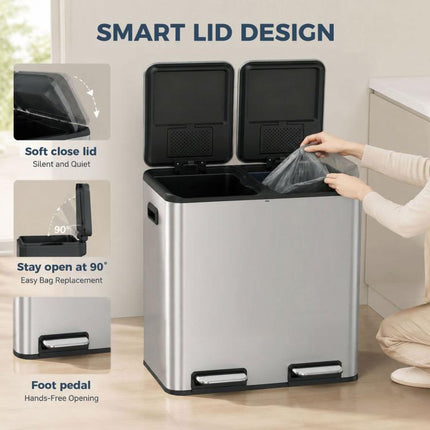 2 x 20L Double Kitchen Bin, Stainless Steel Pedal Rubbish Bin with Dual Compartments, Soft Close Lids, Silver Tone
