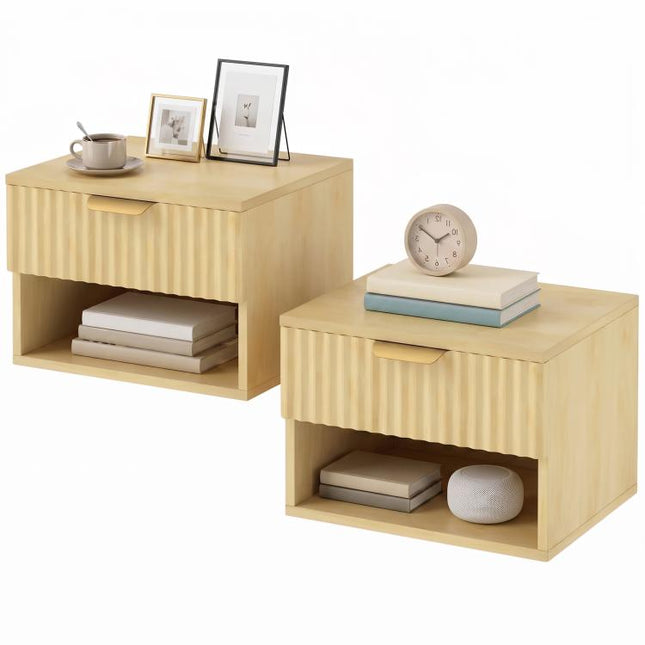 Floating Nightstands Set of 2, Modern Wall-Mounted Bedside Tables with Fluted Drawer and Open Shelf for Bedroom, Oak