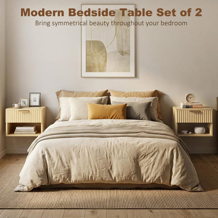 Floating Nightstands Set of 2, Modern Wall-Mounted Bedside Tables with Fluted Drawer and Open Shelf for Bedroom, Oak