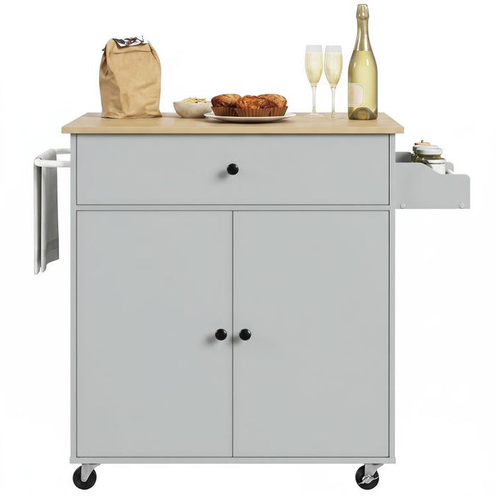 Kitchen Island with Drop Leaf, Rolling Kitchen Storage Trolley on Wheels with Drawer, Spice Rack and Towel Rack, Grey
