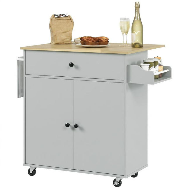Kitchen Island with Drop Leaf, Rolling Kitchen Storage Trolley on Wheels with Drawer, Spice Rack and Towel Rack, Grey