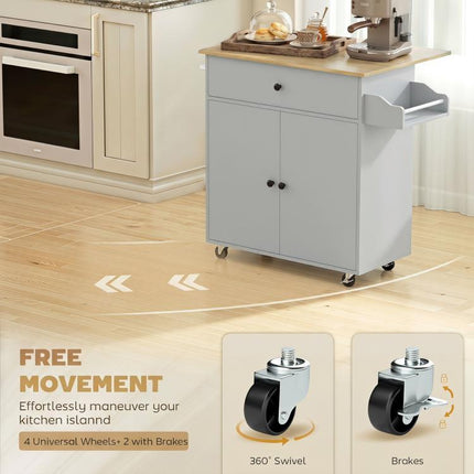 Kitchen Island with Drop Leaf, Rolling Kitchen Storage Trolley on Wheels with Drawer, Spice Rack and Towel Rack, Grey