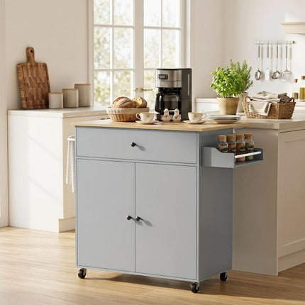Kitchen Island with Drop Leaf, Rolling Kitchen Storage Trolley on Wheels with Drawer, Spice Rack and Towel Rack, Grey