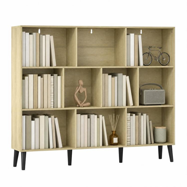 10-Cube Bookcase, 3-Tier Book Shelf with Solid Wood Legs, 140 cm Modern Bookshelf with Anti-Tip Kit, Oak