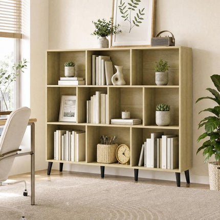 10-Cube Bookcase, 3-Tier Book Shelf with Solid Wood Legs, 140 cm Modern Bookshelf with Anti-Tip Kit, Oak