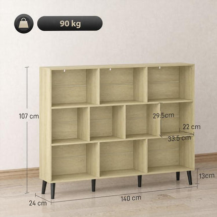 10-Cube Bookcase, 3-Tier Book Shelf with Solid Wood Legs, 140 cm Modern Bookshelf with Anti-Tip Kit, Oak