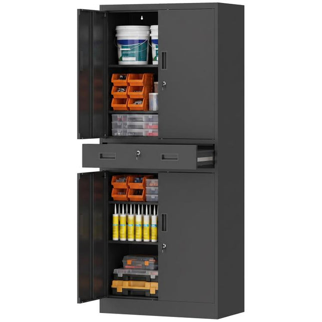 Metal Storage Cabinet, 180cm Tall Tool Cabinet with Locking Doors, Drawer and Adjustable Shelves, Black