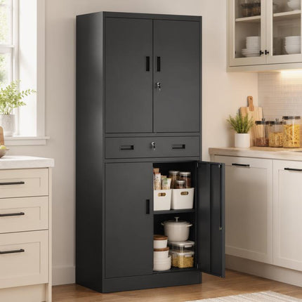 Metal Storage Cabinet, 180cm Tall Tool Cabinet with Locking Doors, Drawer and Adjustable Shelves, Black