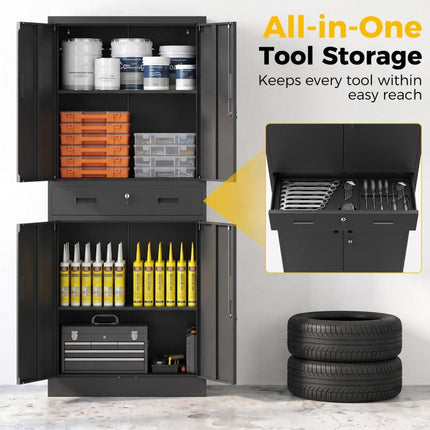 Metal Storage Cabinet, 180cm Tall Tool Cabinet with Locking Doors, Drawer and Adjustable Shelves, Black