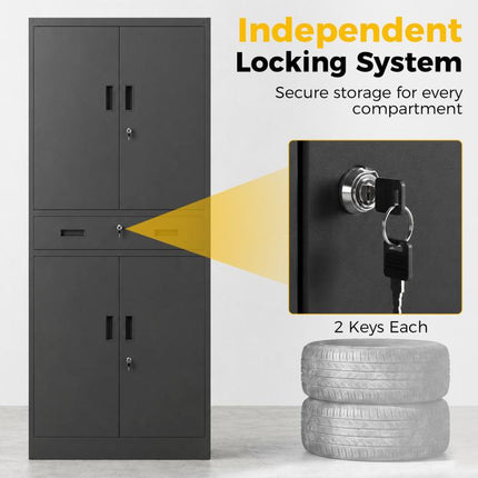 Metal Storage Cabinet, 180cm Tall Tool Cabinet with Locking Doors, Drawer and Adjustable Shelves, Black