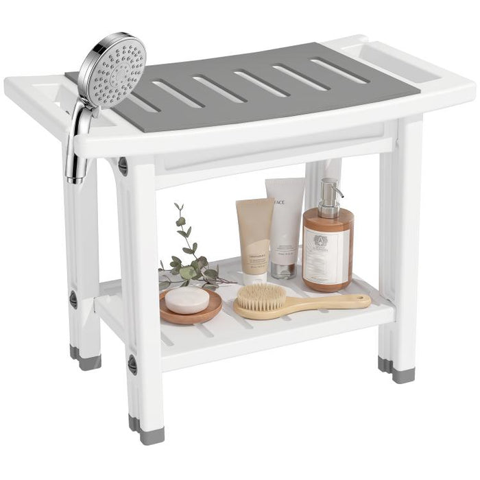Shower Bench 2-Tier Shower Stool Bathroom with Shelf White and Grey