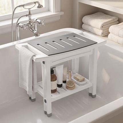 Shower Bench 2-Tier Shower Stool Bathroom with Shelf White and Grey
