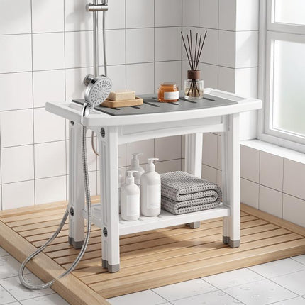 Shower Bench 2-Tier Shower Stool Bathroom with Shelf White and Grey