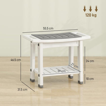 Shower Bench 2-Tier Shower Stool Bathroom with Shelf White and Grey