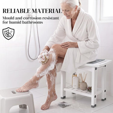 Shower Bench 2-Tier Shower Stool Bathroom with Shelf White and Grey