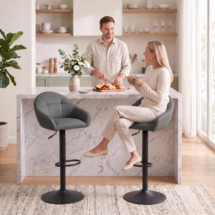 Bar Stools Adjustable Heights Breakfast Bar Stools Backrest Armrests Set of 2 with Rubber Ring Metal Base, Grey