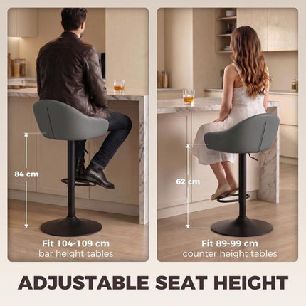 Bar Stools Adjustable Heights Breakfast Bar Stools Backrest Armrests Set of 2 with Rubber Ring Metal Base, Grey