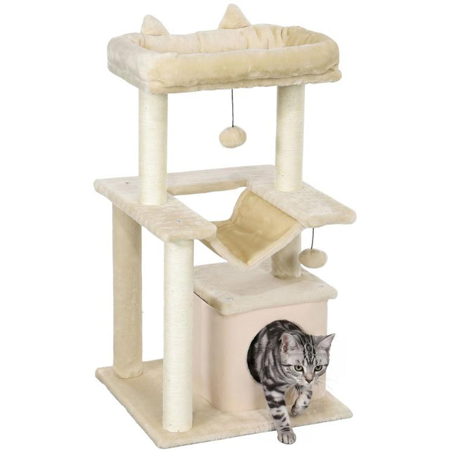 Cat Tree, 90cm Cat Tower with Sisal Scratching Posts, Cat Condo, Hammock, Top Perch and 2 Hanging Toys for Cats, Beige
