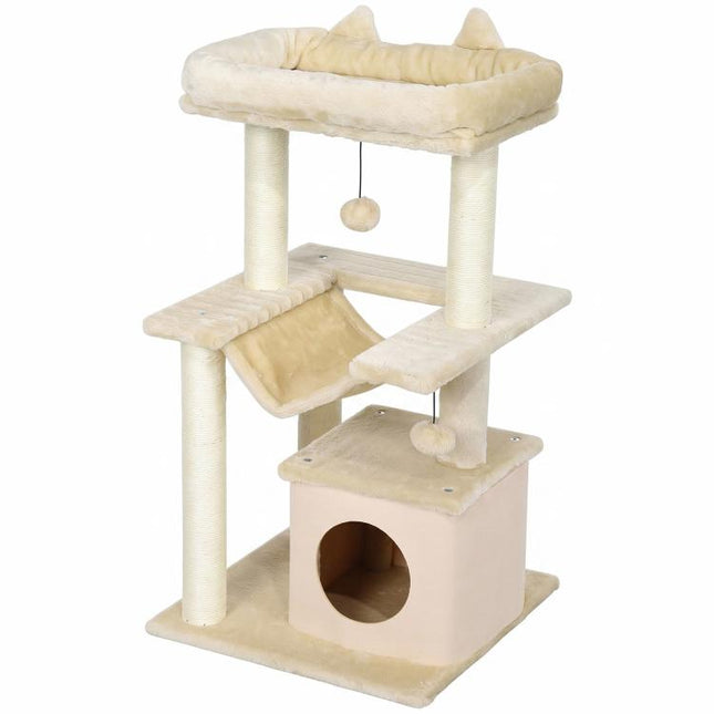 Cat Tree, 90cm Cat Tower with Sisal Scratching Posts, Cat Condo, Hammock, Top Perch and 2 Hanging Toys for Cats, Beige
