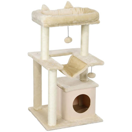 Cat Tree, 90cm Cat Tower with Sisal Scratching Posts, Cat Condo, Hammock, Top Perch and 2 Hanging Toys for Cats, Beige