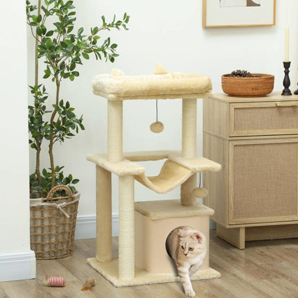 Cat Tree, 90cm Cat Tower with Sisal Scratching Posts, Cat Condo, Hammock, Top Perch and 2 Hanging Toys for Cats, Beige