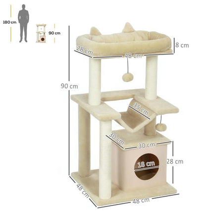 Cat Tree, 90cm Cat Tower with Sisal Scratching Posts, Cat Condo, Hammock, Top Perch and 2 Hanging Toys for Cats, Beige