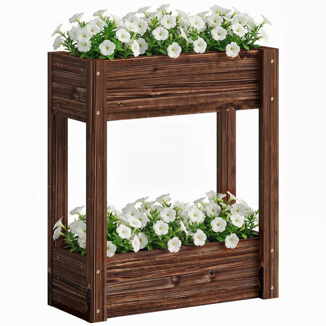 2-Tier Wooden Raised Planter, Raised Garden Bed on Legs with Drainage Holes and Bed Liner, Elevated Garden Planter