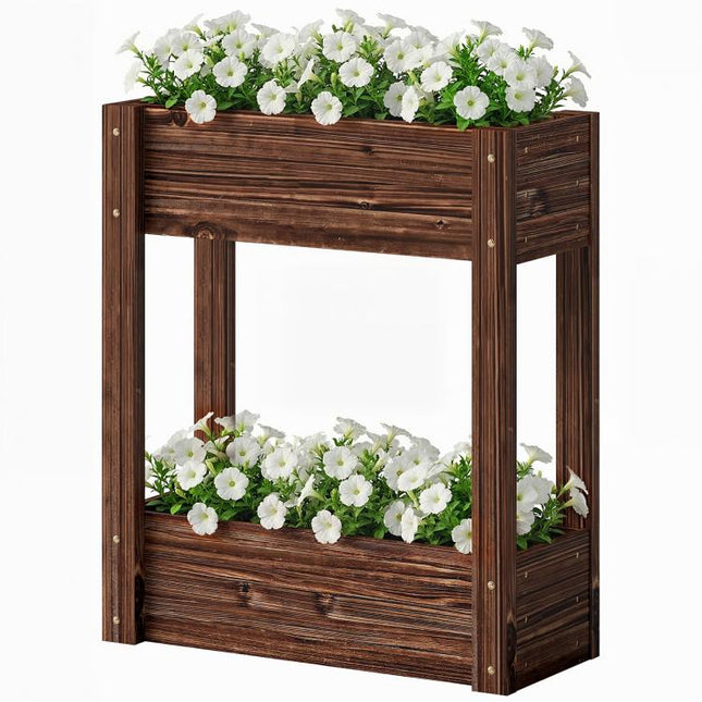 2-Tier Wooden Raised Planter, Raised Garden Bed on Legs with Drainage Holes and Bed Liner, Elevated Garden Planter