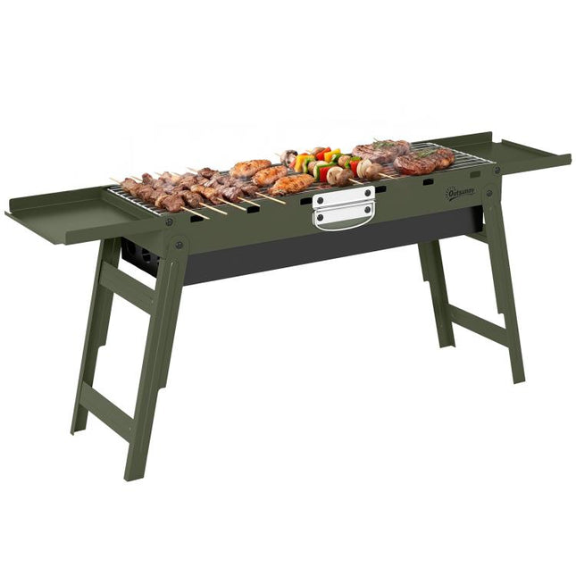 Portable BBQ Grill, Foldable Charcoal Grill for Camping and Picnics with 2 Side Shelves and Handle, Green