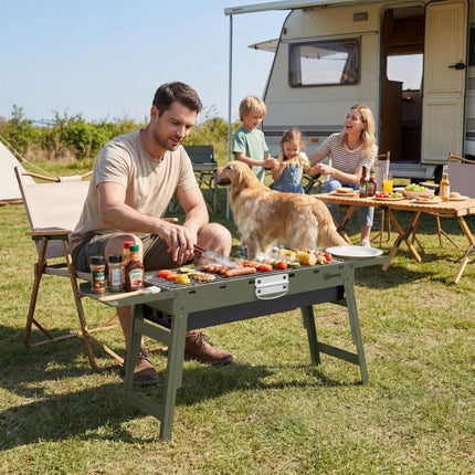 Portable BBQ Grill, Foldable Charcoal Grill for Camping and Picnics with 2 Side Shelves and Handle, Green