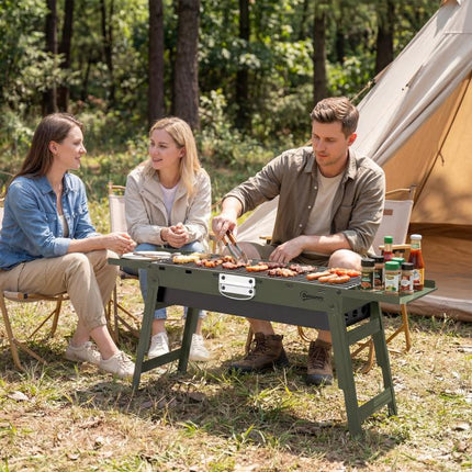 Portable BBQ Grill, Foldable Charcoal Grill for Camping and Picnics with 2 Side Shelves and Handle, Green