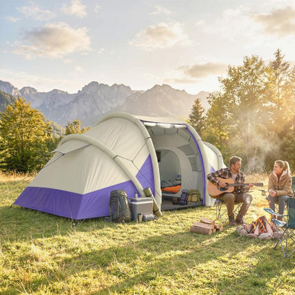 Inflatable Tent 2 Bedroom Tunnel Design Windproof Air Tent with Carry Bag for 4 Person