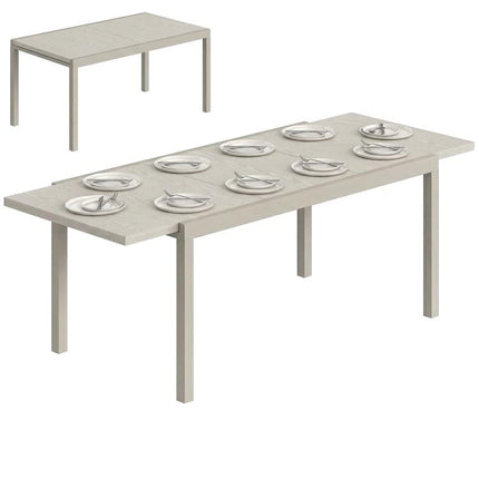 Extending Garden Table, Aluminium Outdoor Dining Table for 8-10 with Wood-Like Grained Surface, Light Grey Wood Effect