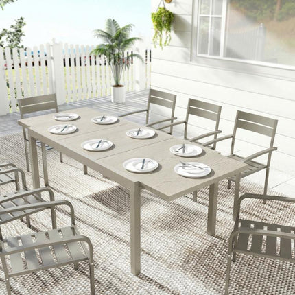 Extending Garden Table, Aluminium Outdoor Dining Table for 8-10 with Wood-Like Grained Surface, Light Grey Wood Effect