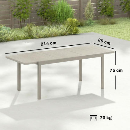 Extending Garden Table, Aluminium Outdoor Dining Table for 8-10 with Wood-Like Grained Surface, Light Grey Wood Effect
