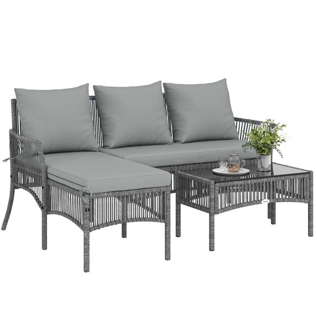 3 Piece Rattan Garden Furniture Corner Sofa Set with Chaise Lounge, Loveseat, Glass Coffee Table, Cushions, Dark Grey