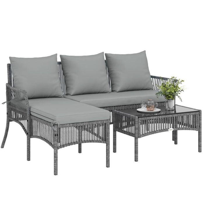 3 Piece Rattan Garden Furniture Corner Sofa Set with Chaise Lounge, Loveseat, Glass Coffee Table, Cushions, Dark Grey