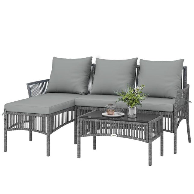 3 Piece Rattan Garden Furniture Corner Sofa Set with Chaise Lounge, Loveseat, Glass Coffee Table, Cushions, Dark Grey