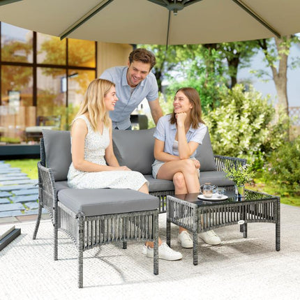 3 Piece Rattan Garden Furniture Corner Sofa Set with Chaise Lounge, Loveseat, Glass Coffee Table, Cushions, Dark Grey