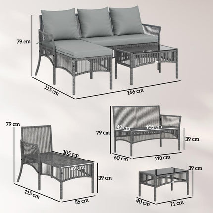 3 Piece Rattan Garden Furniture Corner Sofa Set with Chaise Lounge, Loveseat, Glass Coffee Table, Cushions, Dark Grey